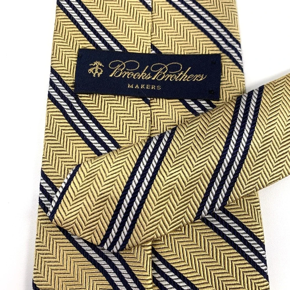 Vintage Brooks Brothers Makers Mens Tie Gold‎ & Blue Striped 100% Silk Repp